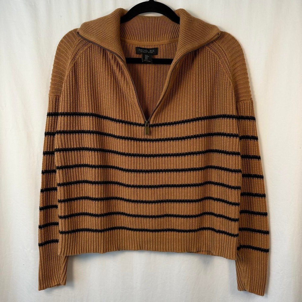 Rachel Zoe black and tan striped quarter zip sweater in a S